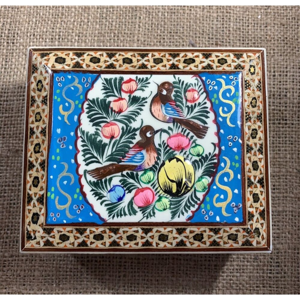Wood Jewelry Box Birds & Flowers Painted Wooden Marquetry Gift Box - Picture 1 of 10